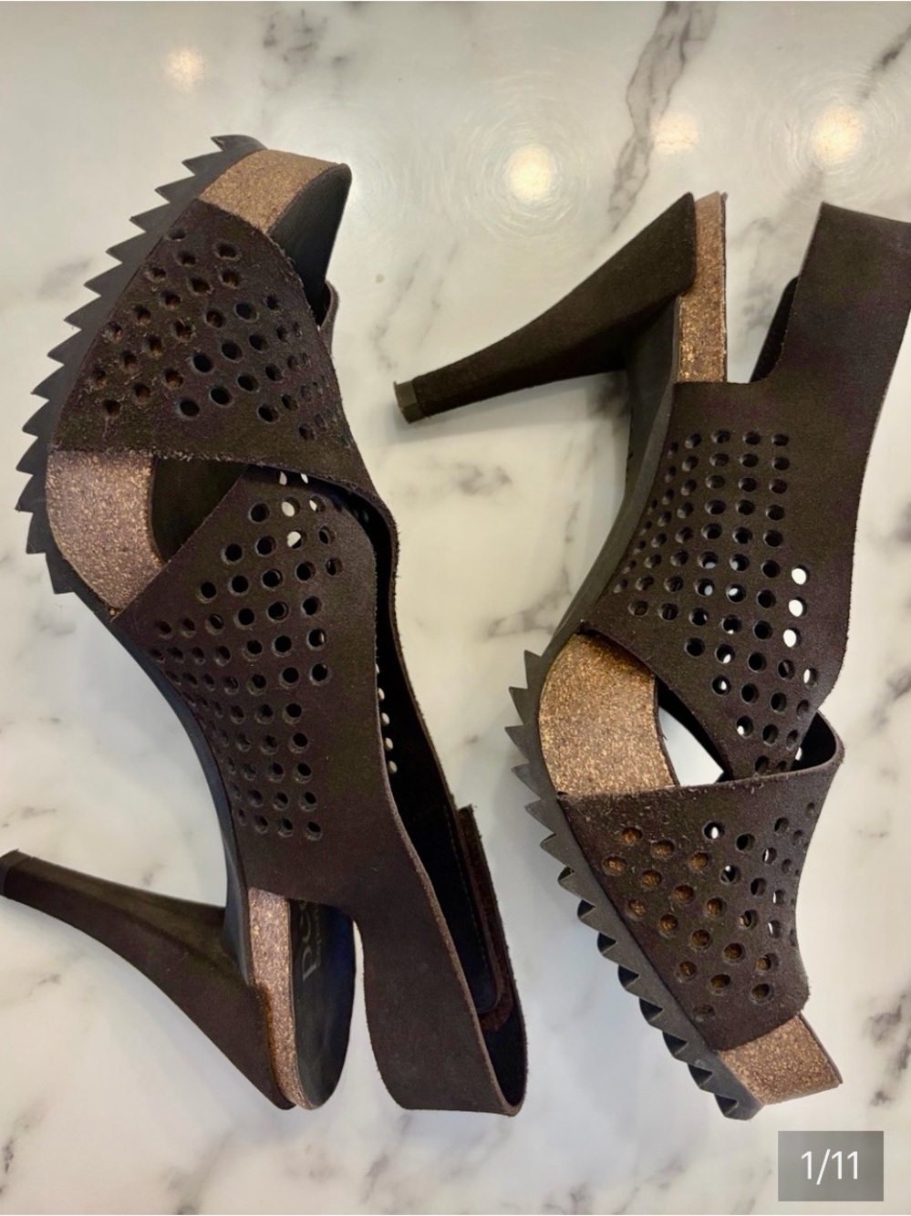 Pedro Garcia Tan Perforated Suede Open-Toe Slingback Heels - Picture 3 of 12